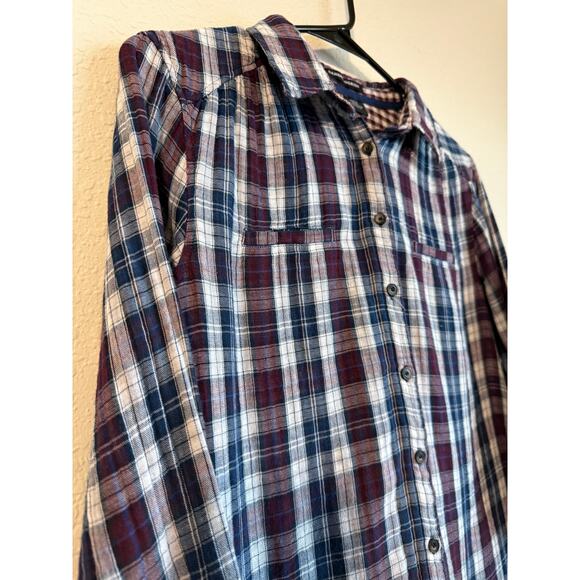 Sandra Ingrish Plaid Shirt Size M Gingham Cotton Buttonup Roll-tab Blue Burgundy - Picture 2 of 6